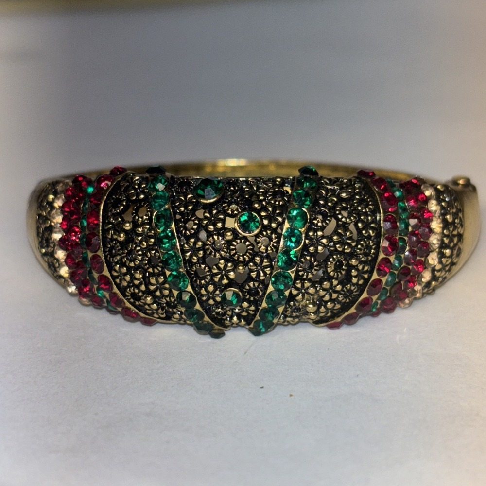 Vintage Red & Green Rhinestone Gold Tone Bangle Hinged Bracelet